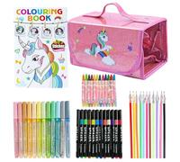 HarnyLoom 50 pezzi Unicorno Astuccio con 3 Scomparti Bambina Rosa Astuccio Scuola Cancelleria Elementare con Penna Pastelli a Cera Adesivi Regalo per Studenti