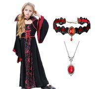 HarnyLoom Abiti e Accessori da Vampiro per Ragazze Sacerdotessa Strega Festa a Tema Carnevale di Halloween Cosplay Dracula Gotico (Rosso, 140CM)