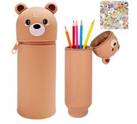 HarnyLoom Astuccio Scuola Silicone Bambina Bambino 2 in 1, Portapenne da Tavolo Animali Portamatite con Cerniera Adesivi per Studenti Scuola Uffici Ritorno a Scuola Regali (Orso bruno)