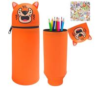 HarnyLoom Astuccio Scuola Silicone Bambina Bambino 2 in 1, Portapenne da Tavolo Animali Portamatite con Cerniera Adesivi per Studenti Scuola Uffici Ritorno a Scuola Regali (Tigre arancione)