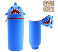 HarnyLoom Astuccio Scuola Silicone Bambina Bambino 2 in 1, Portapenne da Tavolo Animali Portamatite con Cerniera Adesivi per Studenti Scuola Uffici Ritorno a Scuola Regali (Squalo blu)