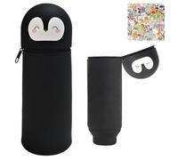 HarnyLoom Astuccio Scuola Silicone Bambina Bambino 2 in 1, Portapenne da Tavolo Animali Portamatite con Cerniera Adesivi per Studenti Scuola Uffici Ritorno a Scuola Regali (Pinguino nero)