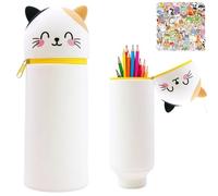 HarnyLoom Astuccio Scuola Silicone Bambina Bambino 2 in 1, Portapenne da Tavolo Animali Portamatite con Cerniera Adesivi per Studenti Scuola Uffici Ritorno a Scuola Regali (Gatto)