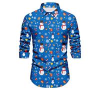 HarnyLoom Camicia Natalizia da Uomo Brutta Divertente Manica Lunga Abbottonata Pupazzo di Neve Elfo Babbo Natale Renna Stampa Hawaiana Mascherata (blu, L)