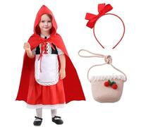 HarnyLoom Costume Cappuccetto Rosso Bambina, Vestito Cappuccetto Rosso Ragazza Fiaba con Mantello Cappuccio Borsa Fascia per Capelli Carnevale Halloween Feste di Compleanno Cosplay (130 (7-8 anni))