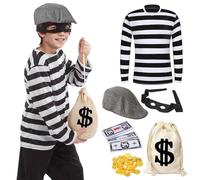 HarnyLoom Costume da Ladro Bambino, Costume da Bandito Bambini Ragazze Carcerato Vestito Ladro Maschera Borsa da un Dollaro Cosplay Festa Carnevale Halloween (S)