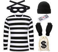 HarnyLoom Costume da Ladro Set per Adulti Ladro Donne Uomini Ladro Accessori Nero e Bianco a Righe T-shirt Nera Maschera per Gliocchi Borsa per Criminale Halloween Carnevale Festa Cosplay