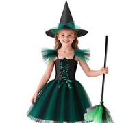 HarnyLoom Costume da Strega per Bambini Halloween Vestito da Vampiro Costumi Ragazze Viola Abito in Tulle Cappello Manico di Scopa Festa in Maschera Vestire Dress Up Cosplay (Verde, 110 (4-5 anni))