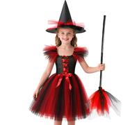 HarnyLoom Costume da Strega per Bambini Halloween Vestito da Vampiro Costumi Ragazze Viola Abito in Tulle Cappello Manico di Scopa Festa in Maschera Vestire Dress Up Cosplay (Rosso, 130 (7-9 anni))