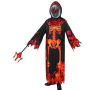 HarnyLoom Costume da Tristo Mietitore del Fuoco per Bambini, Mantello con Cappuccio Teschio del Diavolo e Guanti Maschera Abito Rosso Forcone Vestito da Festa di Halloween Cosplay (L)
