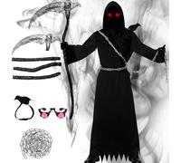 HarnyLoom Costume da Tristo Mietitore per Bambini Adulti, Spaventoso Falce Triste Halloween Mantello Vestito Fantasia Donne Uomini con Catena di Sythe Grim Halloween Cape Robe (Adulta, M(160-175))