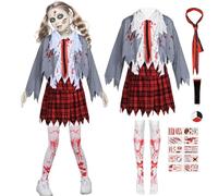 HarnyLoom Costume da zombie per ragazza della scuola di Halloween per bambini cheerleader morto Sangue finto spaventoso vestito set di travestimenti spett (Nera, L)