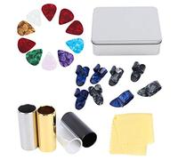Harpra Kit di accessori per chitarra, in metallo celluloide ultra sottile, 10 plettri in celluloide + 4 cursori per chitarra + 8 ditali compatibili con regali per chitarra