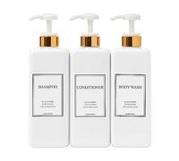 HARRA HOME Modern Gold Design Pump Bottle Set 27 oz Refillable Shampoo and Conditioner Dispenser Empty Shower Plastic Bottles with Pump for Bathroom Lotion Body wash Massage Oils, Pack of 3 (White)