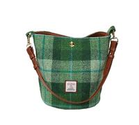 Harris Tweed - Borsa a secchiello da donna, con due tipi di tracolla in pelle, Plaid verde.