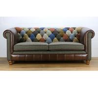 Harris Tweed Chesterfield Patchwork 3 Posto Divano C001YM Marrone Scuro Pelle