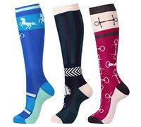 Harrison Howard 3 paia di calzini da equitazione di alta qualità per equitazione e stivali alti, calzini alti al ginocchio da donna, Blu/nero strisce verdi/raccordo rosa rosso, L