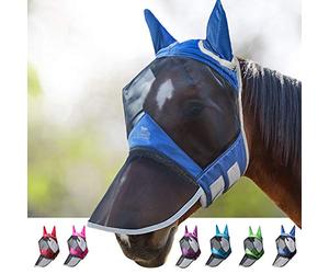 Harrison Howard CareMaster Pro Luminous, Maschera antimosche per cavalli, ampio spazio per gli occhi, naso lungo, copri orecchie, protezione UV, blu reale, taglia L, standard
