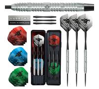 Harrows Sabre - Set di freccette con punta in acciaio al tungsteno al 90%, precisione professionale da 21 g a 26 g, 23 pezzi con alberi di ricambio, voli per maratona e custodia da viaggio, testato