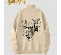 Harry Potter, Hogwarts College e stampa con motivo a schizzo di gufo, felpa casual creativa da donna in puro cotone con spalle scese, comoda e versatile, colletto semiaperto, felpa aderente in stile c