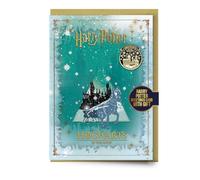 Harry Potter - Hogwarts In The Snow Christmas Card with Pin Badge NUOVO