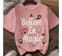 Harry Potter, motivi dei personaggi in stile Q e stampe dello slogan "Believe in Magic", T-shirt da donna in 100% cotone a coste, nuovo abbigliamento sportivo in stile college per donna, top a maniche