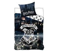 Harry Potter, set di biancheria da letto double-face, 2 pezzi, 135 x 200 cm, 80 x 80 cm, 100% cotone, linon, Hogwarts, Glow in The Dark