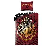 Harry Potter - Set di biancheria da letto double face, copripiumino 140 x 200 cm per letto singolo, in cotone, con lo stemma di Hogwarts
