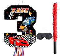 Harrycle Piccola Pignatta Numero 3 Macchina da Corsa Tira la Corda Tre Volte Pentolaccia a Tema Auto da Corsa con Benda Bastone Coriandoli per Ragazzo Decorazione Feste 3° Compleanno, 42 x 32 x 8 cm