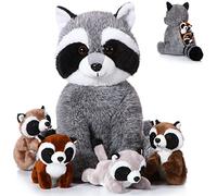 Harrycle Set di 5 Animali di Peluche di Procione 32 cm Pupazzo di Procione Mamma con 4 Cuccioli di Orso Lavatore nella Pancia Regali per Compleanno a Tema del Bosco per Ragazzi (Stile Carino)