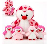 Harrycle Set di 5 Peluche di Pinguino: 1 Mamma Con 4 Cuccioli in Pancia - Animale di Pezza Morbido da 35 cm per Bambini - Regalo di Compleanno, Pasqua, Natale (Stile Cuore)