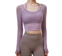 Harssidanzar 2 in 1 Yoga Manica Lunga per Donne Mesh Gym Athletic Tops Workout Camicie con Supporto Medio Reggiseno Sportivo CL301EU, Violette, Taglia M
