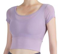 Harssidanzar Maglia da Yoga per Donna 2 in 1 con Maniche Corte in Tela di Rete per Palestra, Atletica, Top da Allenamento con Camicetta Sportiva CL303EU, Violette, Taglia M