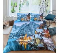 Harstadt innevata Copripiumino Da 3 Pezzi,set Di Biancheria Da Letto Con Stampati in 3D,federe,cerniera Nascosta,Paesaggio innevato Copripiumino Sportivo in Microfibra Facile Da Pulire King（220x240cm）