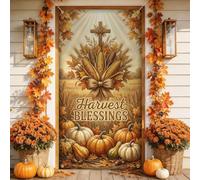 Harvest Blessings - Copri porta a tema zucche con croce e zucche, 91 x 183 | tema raccolto, striscione per porta d'ingresso, motivo croce cristiana, fogliame autunnale rustico, decorazione stagionale