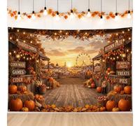 Harvest Carnival Autumn Fair Theme Pumpkins sfondo striscione 180 x 109 cm | Strutture rustiche in legno, sfondo fotografico, paesaggio di carnevale al tramonto, tema festival del raccolto