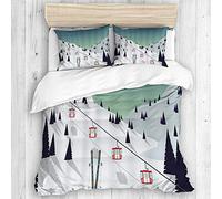 HARXISE Biancheria da Letto - Set Copripiumino,Paesaggio Invernale Sci Coperto di Alberi e Montagne di Neve,Federa di Colore,220 x 240cm