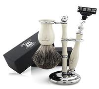 Haryali London, Kit da barba da uomo, 3 pezzi, rasoio di sicurezza a bordo triplo con spazzola per capelli di tasso puro e supporto da barba, kit da toelettatura da uomo, set regalo per rasatura