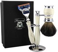 Haryali London, Kit da barba in legno da uomo 3 pezzi: rasoio di sicurezza a 5 lame, pennello da barba in tasso puro e supporto - Set da barba tradizionale - Bianco antico