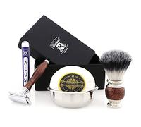 Haryali London - Kit per rasatura da 5 pezzi - Rasoio di sicurezza a doppio bordo - Pennello da barba sintetico - Sapone da barba - Ciotola da barba - allume - set da barba color marrone antico