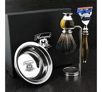 Haryali London Rasoio da barba a 5 bordi con spazzola in pelo di tasso nero, supporto e ciotola, kit da barba perfetto per uomo
