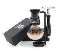 Haryali London, Set da barba in 3 pezzi, rasoio a doppia lama con pennello da barba sintetico con punta argentata e supporto da barba - Kit di lusso per la cura personale maschile