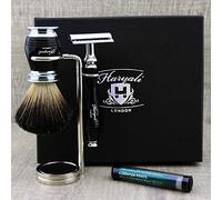 Haryali London, Set da Barba Uomo 3 Pezzi Nero con Rasoio di Sicurezza a Doppia Lama, Pennello da Barba Sintetico Nero e Supporto in Acciaio Inossidabile - Un Regalo Perfetto per Ogni Gentleman