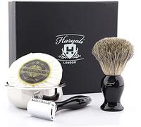 Haryali London, Set da Barba Uomo Completo 4 Pezzi - Kit Rasatura a Umido con Rasoio di Sicurezza Doppia Lama, Pennello da Barba in Tasso, Ciotola in Acciaio Inox e Sapone da Barba