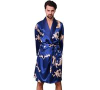 Haseil - Lussuosa vestaglia da uomo in raso di seta con drago, a maniche lunghe - Blu - etichetta 5XL = US 3XL