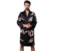 Haseil - Lussuosa vestaglia da uomo in raso di seta con drago, a maniche lunghe - Nero - Formato della modifica Large = US taglia Small