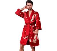 Haseil - Lussuosa vestaglia da uomo in raso di seta con drago, a maniche lunghe - Rosso - etichetta 5XL = US 3XL