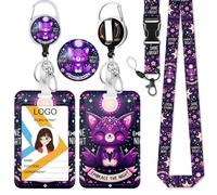 HASFINE Porta badge con grazioso gatto viola con cordino, bobina retrattile per badge staccabile, con porta carte d'identità verticale, per infermiere, insegnanti, studenti, personale dell'ufficio