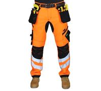 HASHOOB TRADING FZE Pantaloni da lavoro da uomo ad alta visibilità, multi tasca, con nastro ad alta visibilità, pantaloni cargo da lavoro, Arancione, W30 / L32