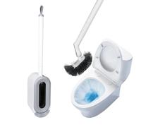 HASLED Set Scovolino WC Sospeso a Parete - Scopino Curvo con Manico Lungo e Portascopino | Testina Sostituibile & Vassoio Sgocciolatoio | Installazione Adesiva Senza Forare | Per Servizi Igienici